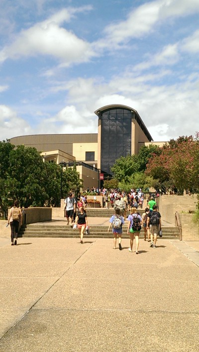 Students near the Texas State LBJ Student Center
