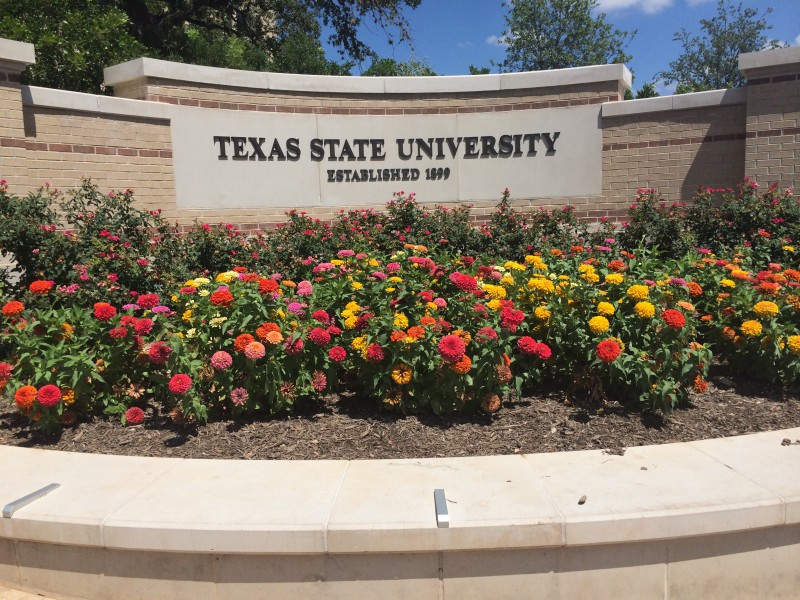 Flowers by Texas State University wall. Photo by Dylan Lochridge-Fletcher