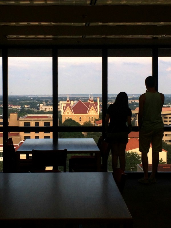 View of Old Main from the Alkek library. Photo by Daryan Jones