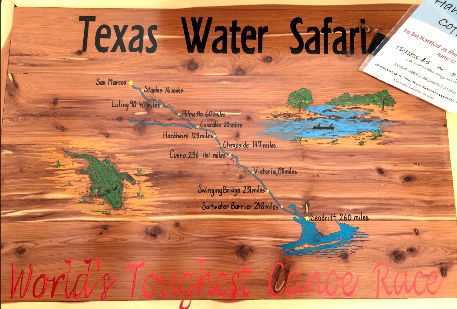 The wooden map detailing the various checkpoints racers must make it through to paddle 262 miles to the Gulf.