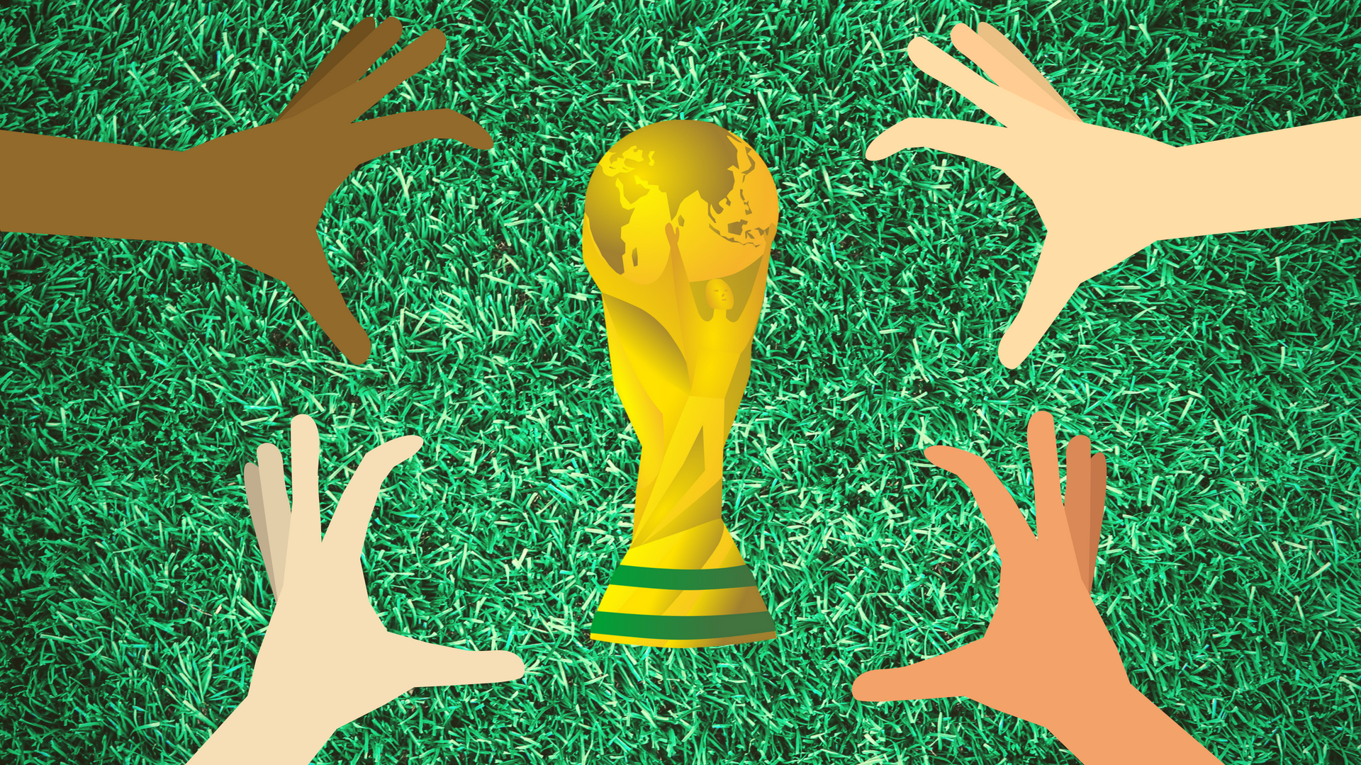 Four different hands reach for the FIFA World Cup trophy.