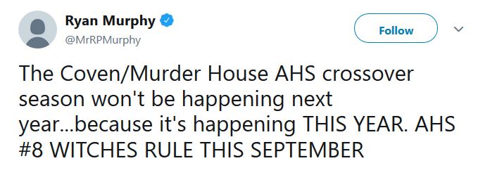 Ryan Murphy tweeted that there will be a crossover season on American Horror Story.
