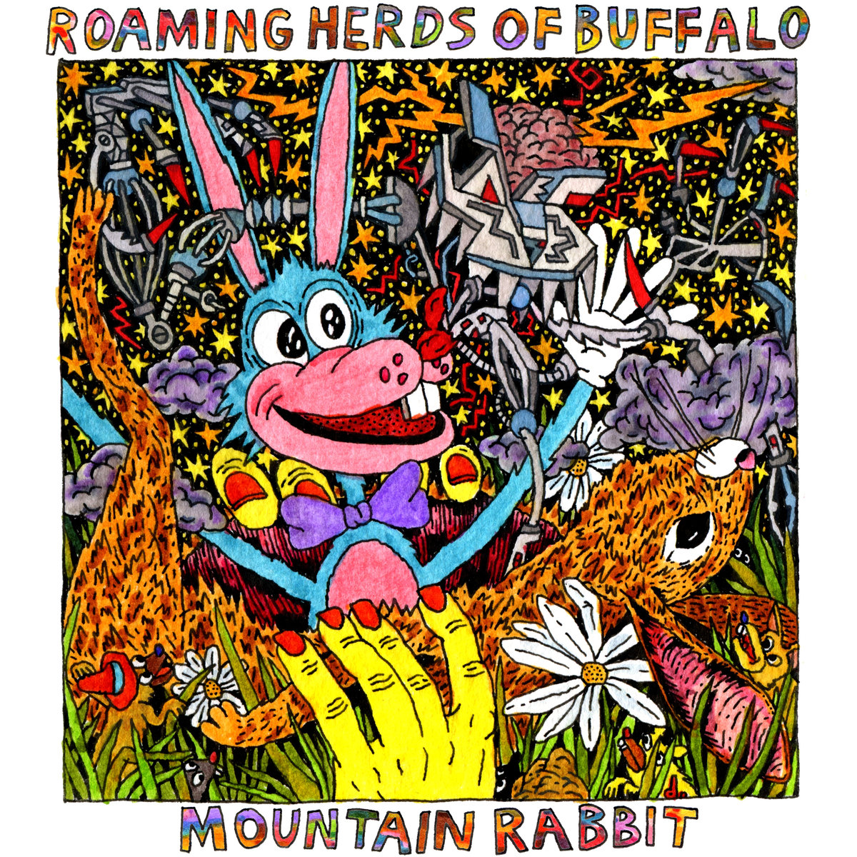 A vibrant, busy image centered on a cartoon, anthropomorphic rabbit bursting out of a more realistically drawn rabbit’s chest.
