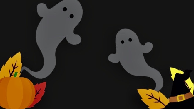 A simple illustration of ghosts with pumpkins and autumn leaves.