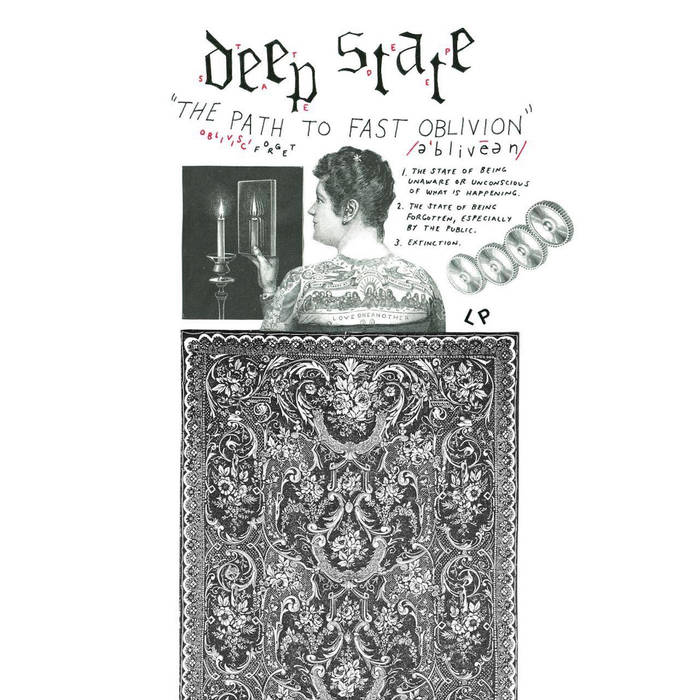 From top to bottom, the band’s name, the various definitions of the word oblivion, a man, to his right a row of gears, to his left a candle and a mirror, and an oriental style rug below.