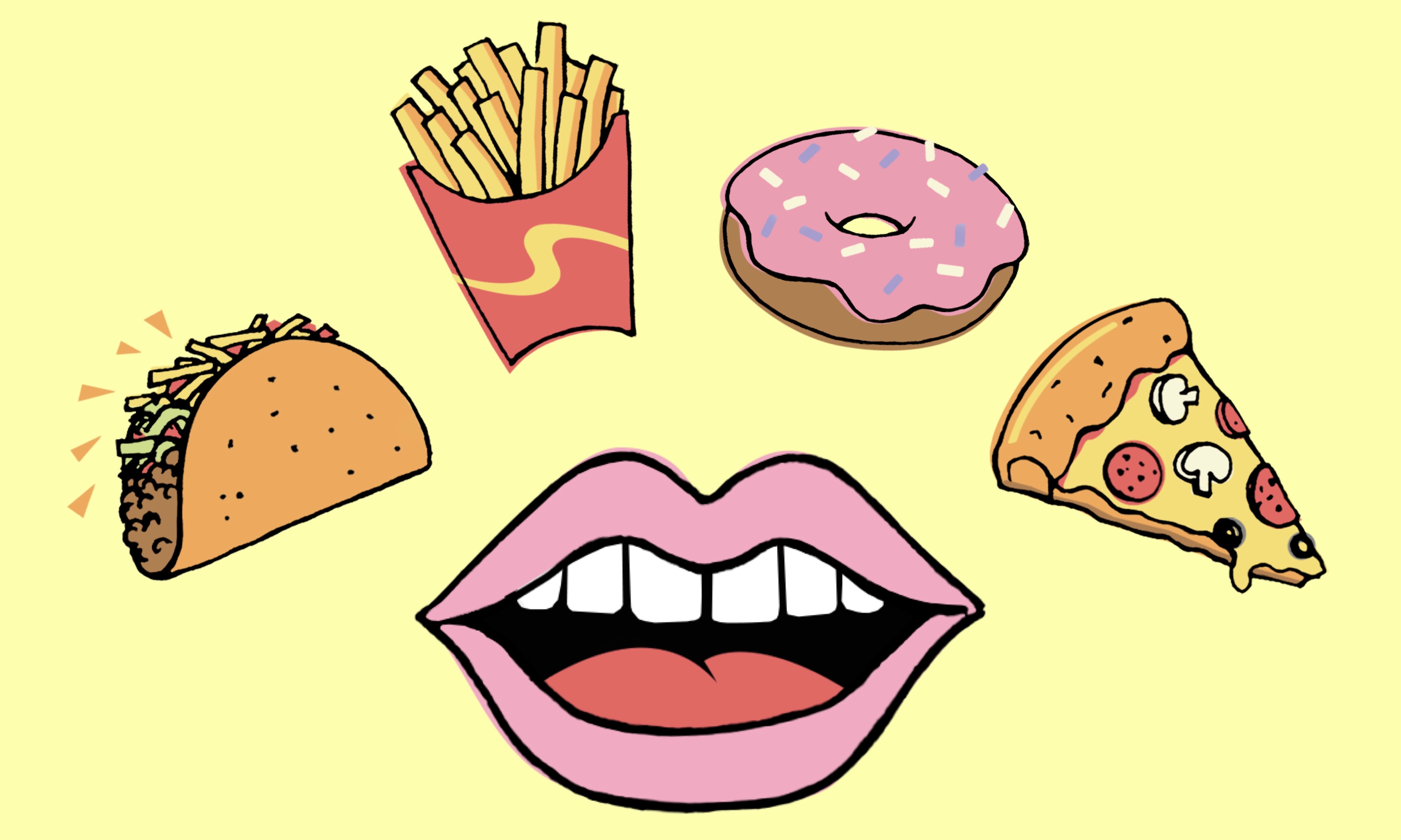 The image features a yellow background with a drawing of an open mouth with food around it; there is a drawing of a taco, french fries, a donut and a slice of pizza.