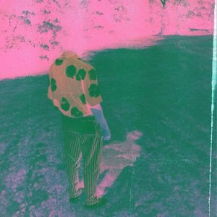 The album cover is a headless figure wearing striped slacks and a polka-dot shirt standing in a pink scene and on a dark purple ground with his pink shadow.