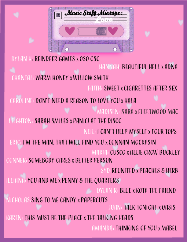 A cassette with the phrase “Music Staff Mixtape: Love” on a pink background with the names of the music journalists and their song choices down the page.