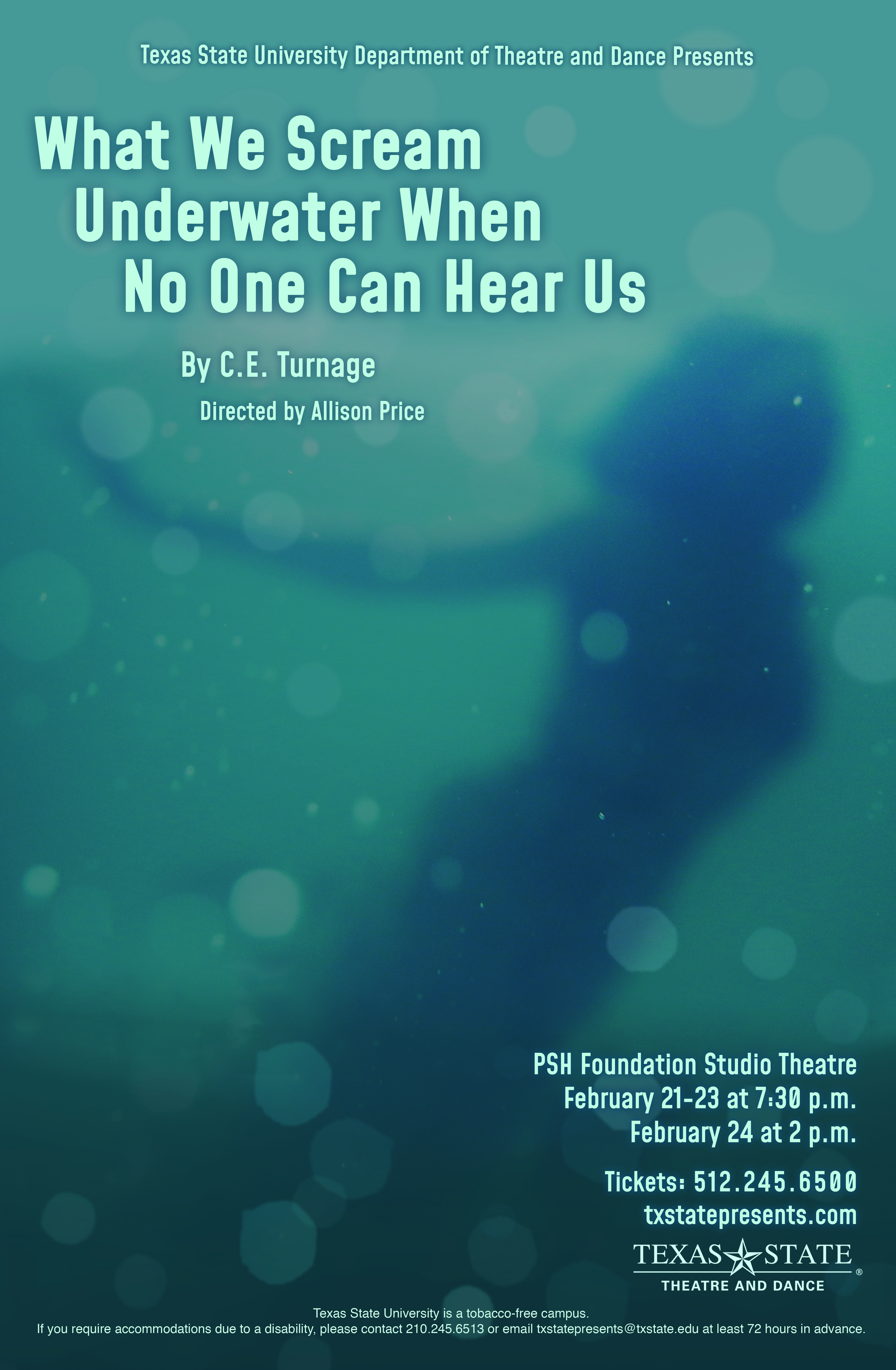 Blue poster with a girl seen underwater.