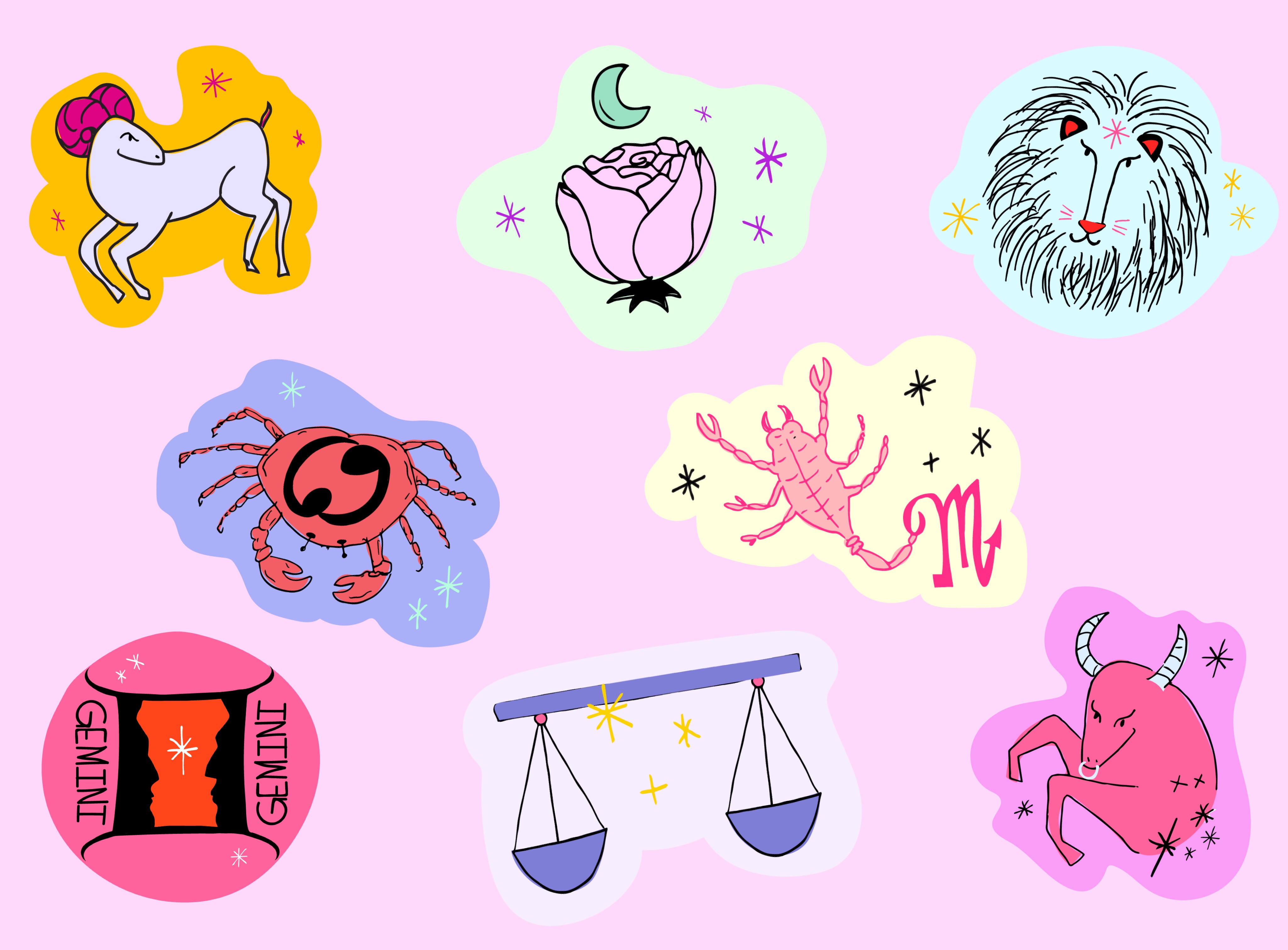 The image (background and stickers) was made on the graphic design app, Canva. The zodiac stickersThe image features a millennial pink background with eight stickers (drawings) of different zodiac signs scattered around in no particular order. The featured signs and symbols include Aries (ram), Cancer (crab), Gemini (twins), Virgo (rose), Scorpio (scorpion), Libra (scales), Leo (lion) and Taurus (bull). are by Allison Jester (Canva).
