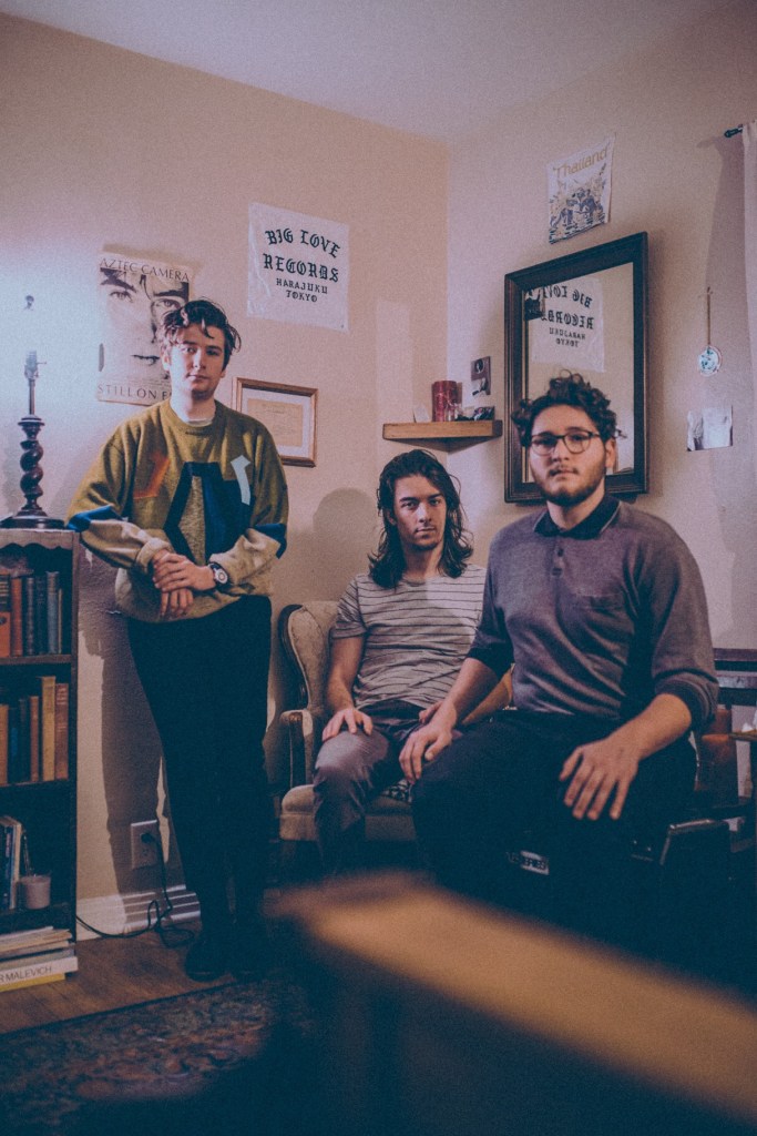 This photo of the band features the band posing in a room decorated with wall art and lit by a lamp
