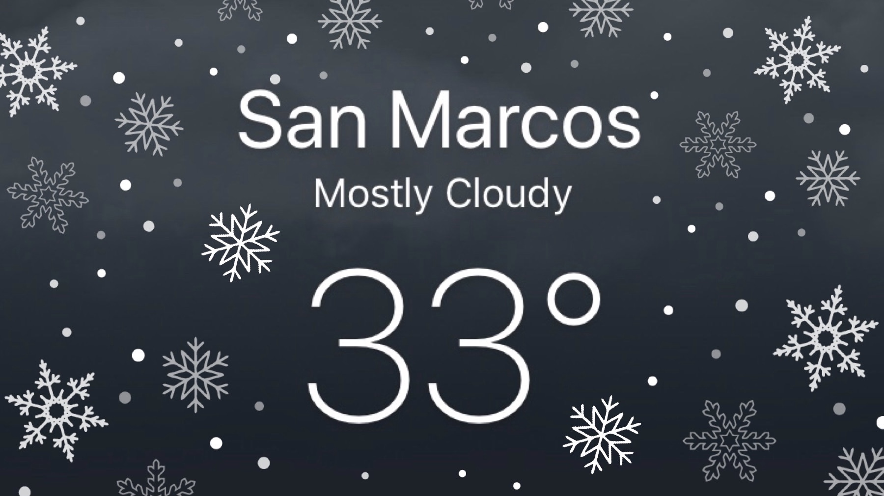 A screenshot of the weather and temperature in San Marcos (Mostly Cloudy, 33 degrees) with snow flurries and snowflakes falling around.