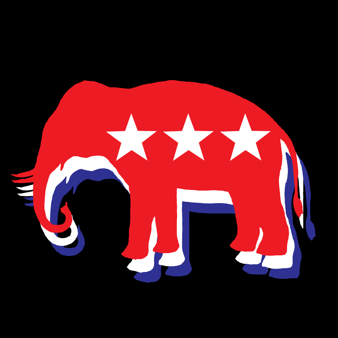An image of the republican party elephant layered with three different colors, top color is red, than white than blue.