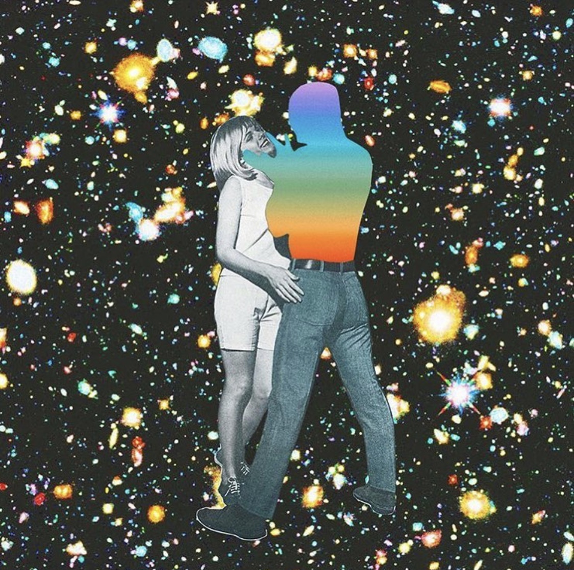A man whose torso is cut out and replaced with rainbow ombre holding a woman against a galaxy background.