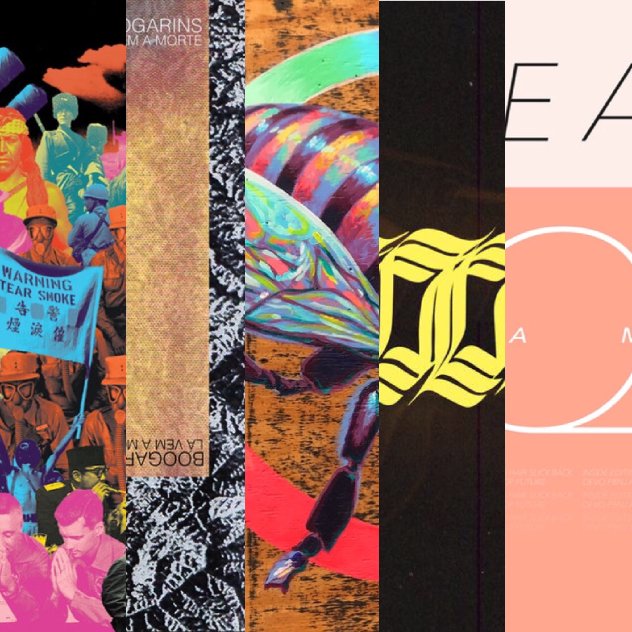 Colorful album art of bands listed in article
