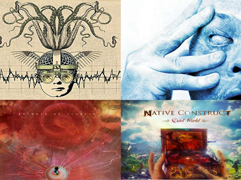 A mix of four album covers: Thank You Scientist’s Stranger Heads Prevail, Porcupine Tree’s In Absentia, Animals as Leaders’s Joy in Motion, and Native Construct’s Quiet World.