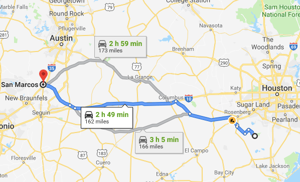 the route and time from San Marcos to Brazos Bend State Park