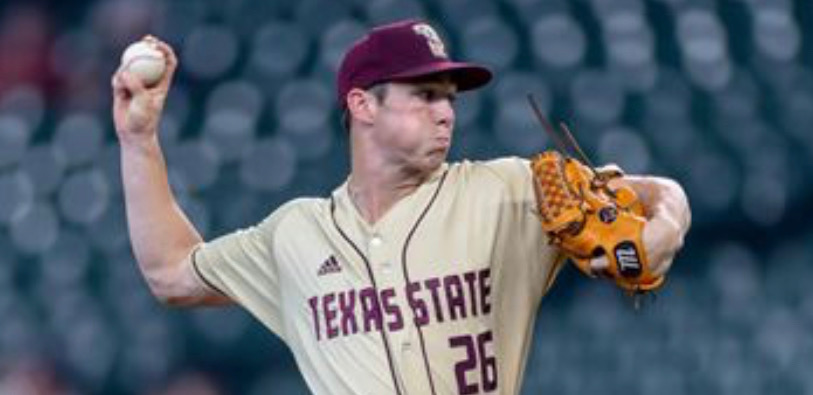 This photo was taken of Texas State starter Hunter McMahon throwing a fastball in the College Shriners Classic in Minute Maid Park