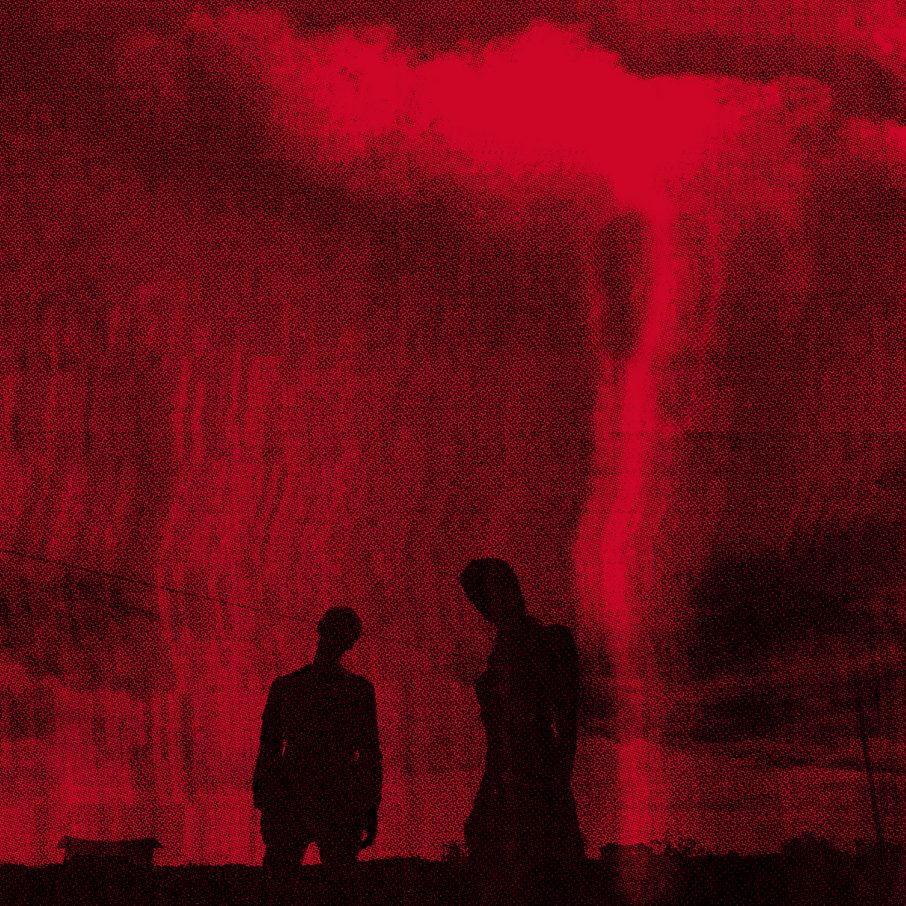 Two silhouettes of people stand in the middle of a dark red background that fills most of the cover.