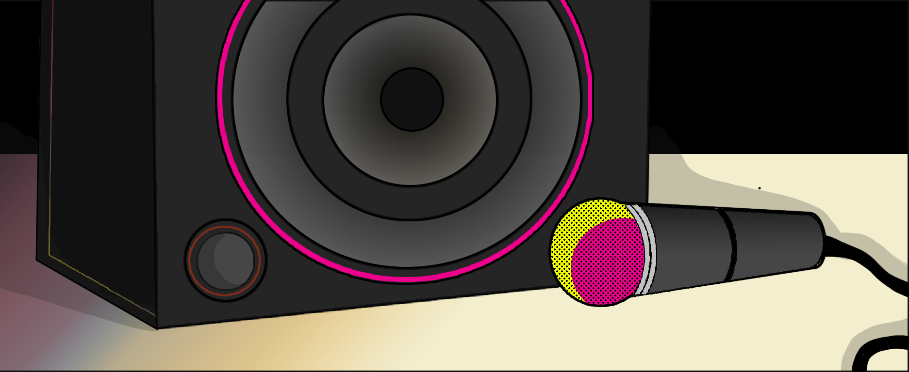 Grey speaker and microphone with pink/yellow highlighted outlines.