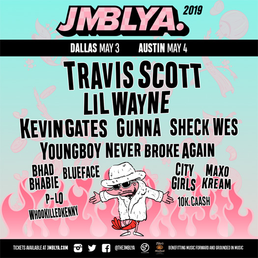 A baby blue poster with pink type that lists bands that will be performing. Also, there is a pink catfish in pimp clothes.