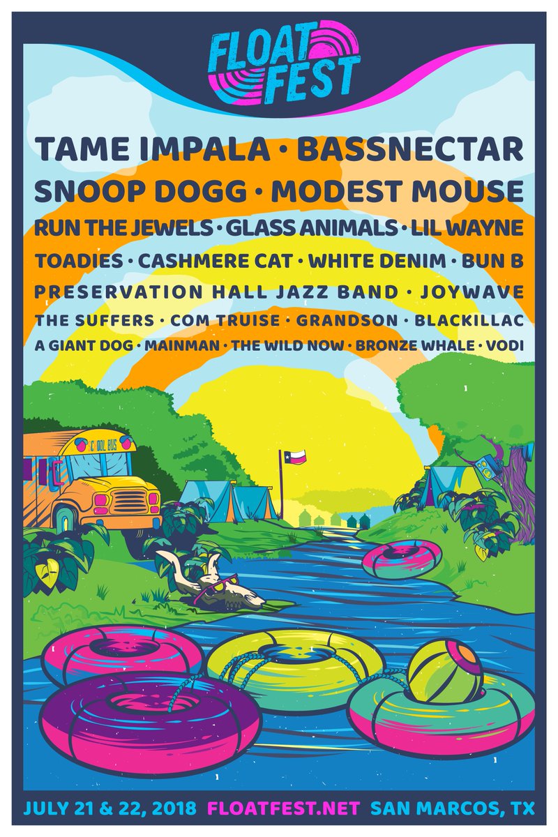 Colorful posters with an animated river listing all the bands performing.