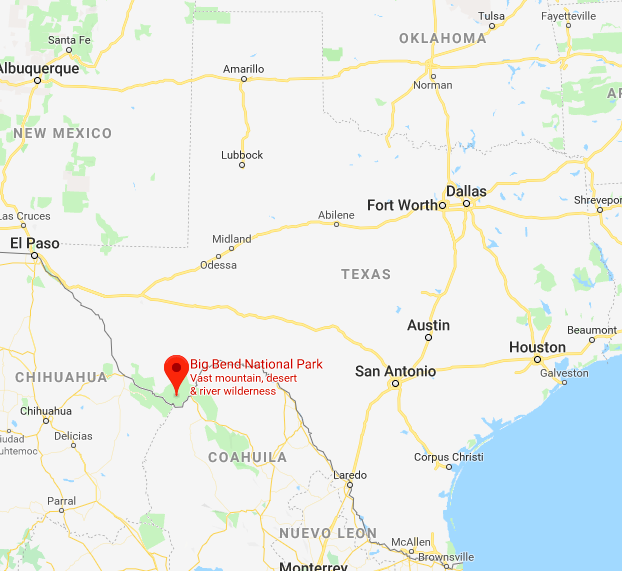 Big Bend on a map in West TX