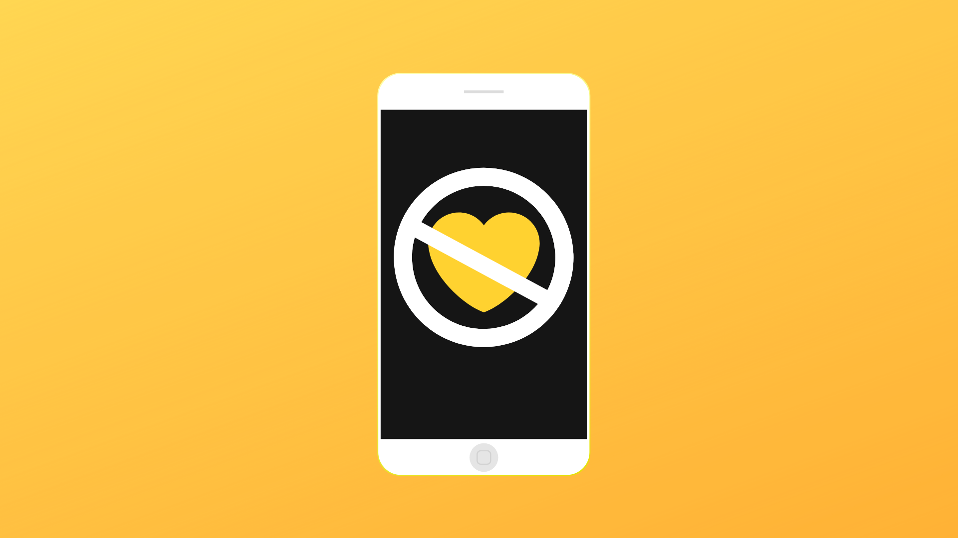 A white phone showcasing a yellow heart with a unallowed sign across it. All on a yellow background.