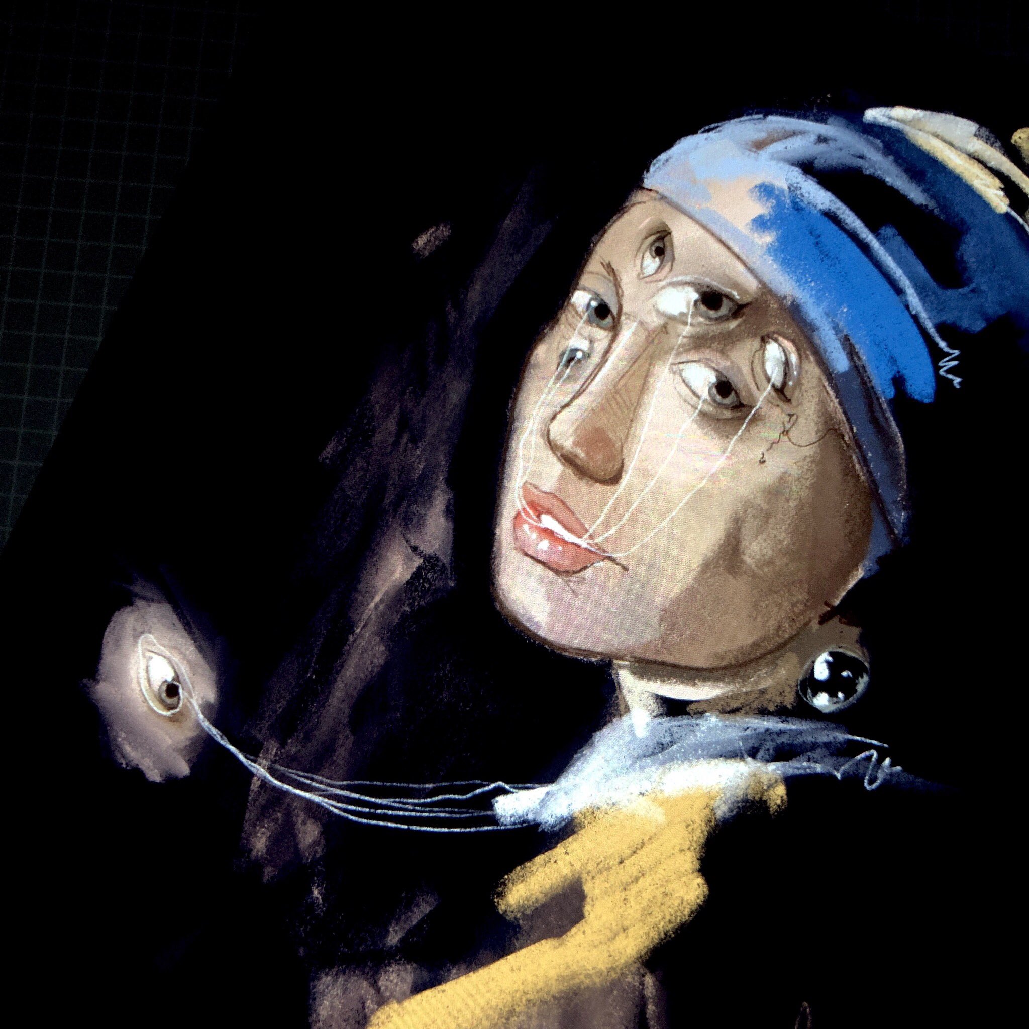 A woman with a blue and gold head wrap. Her face is in profile, and a pearl earring is seen just above her neck. Her forehead and cheeks are covered with eyes, which are connected to other eyes outside of her body, drifting in the darkness.