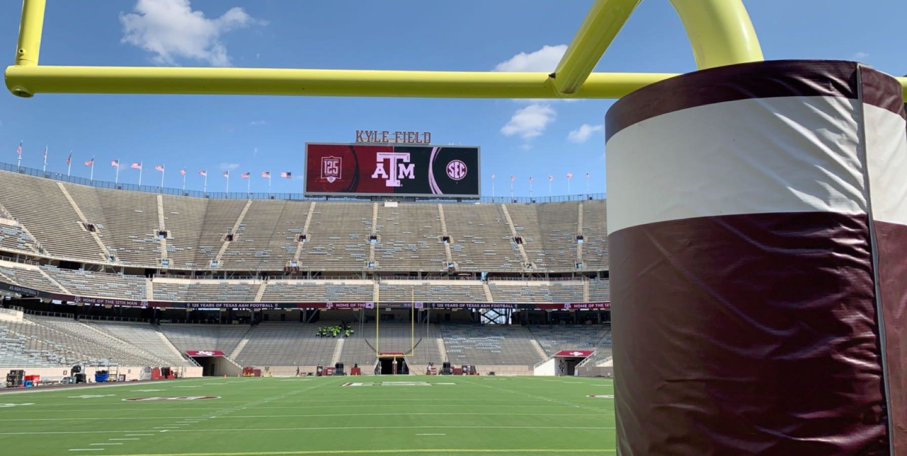 view of Kyle field stadium from behind the goal post.