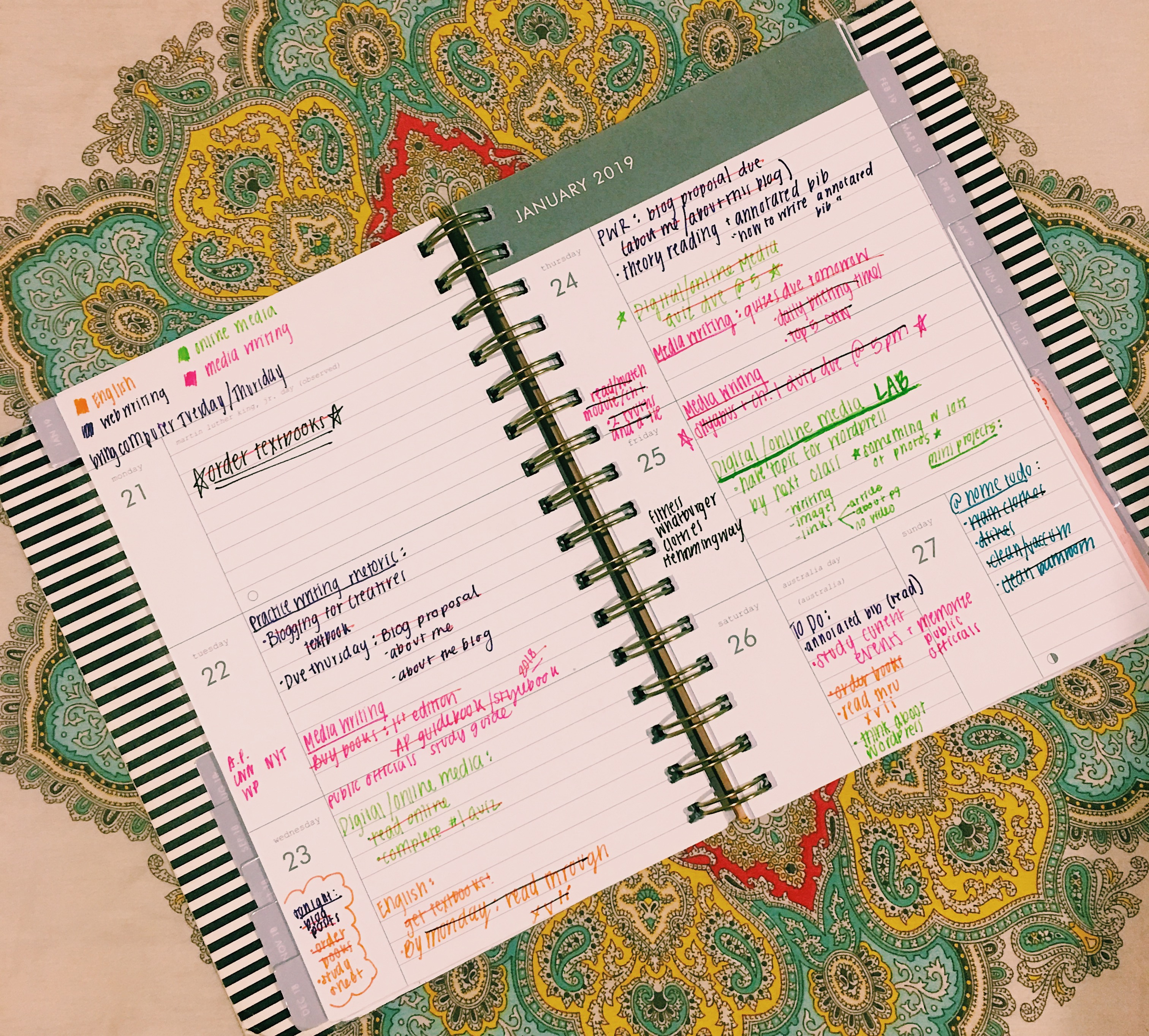 An image of what a week looks like in my planner. Multiple things written out in different colors.
