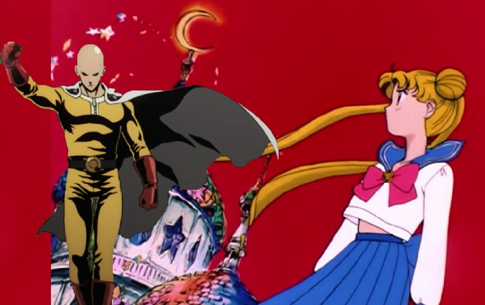 A cut out of Saitama from the One Punch Man intro is in his yellow spandex costume while standing next to Usagi in her white shirt and blue skirt school uniform.