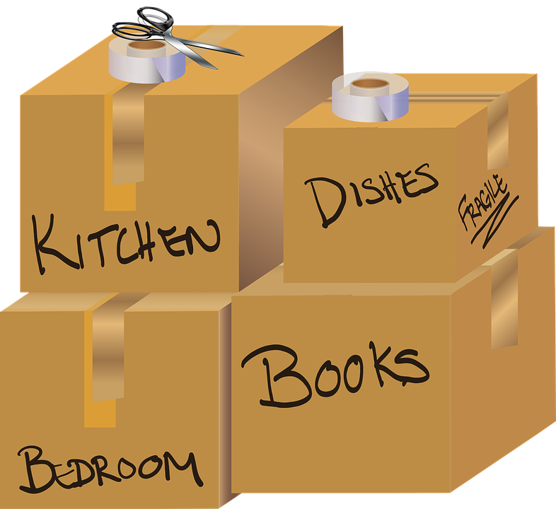 A graphic of four brown packing boxes labeled kitchen, dishes, bedroom and books