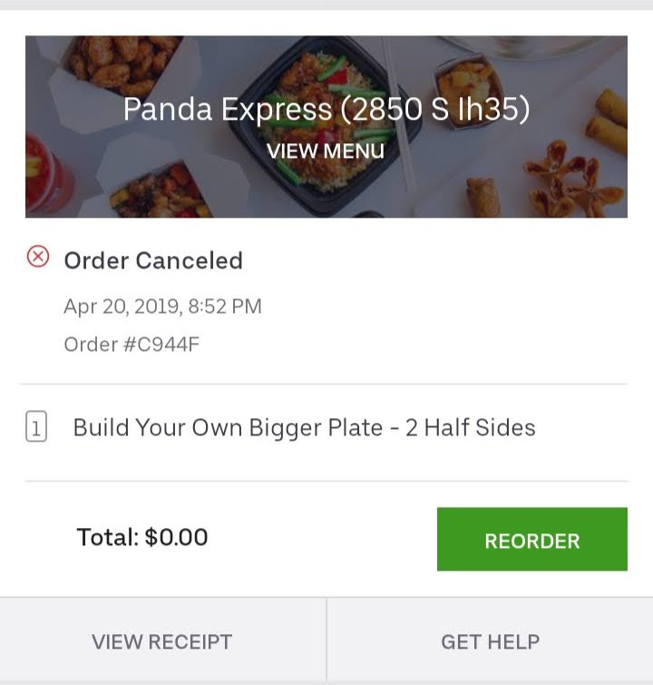 Cancelled order receipt for Panda Express on UberEats app.