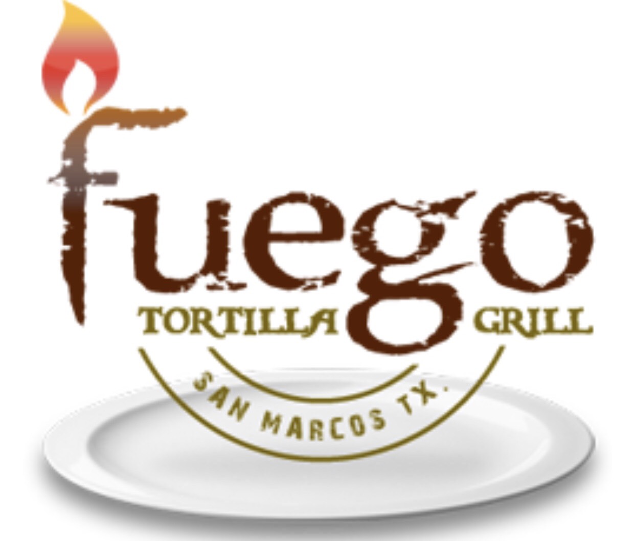 The Fuego logo on top of a white plate and a small flame above the F