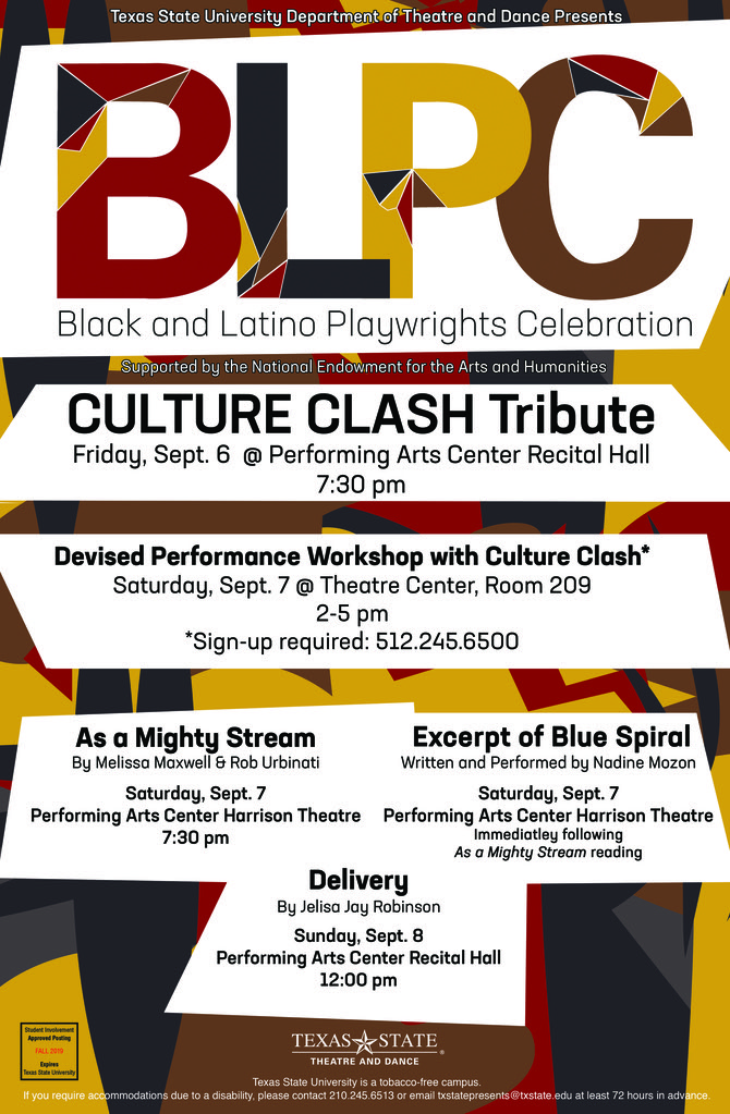 BLPC poster in black, maroon, and gold with information about Culture Clash events.