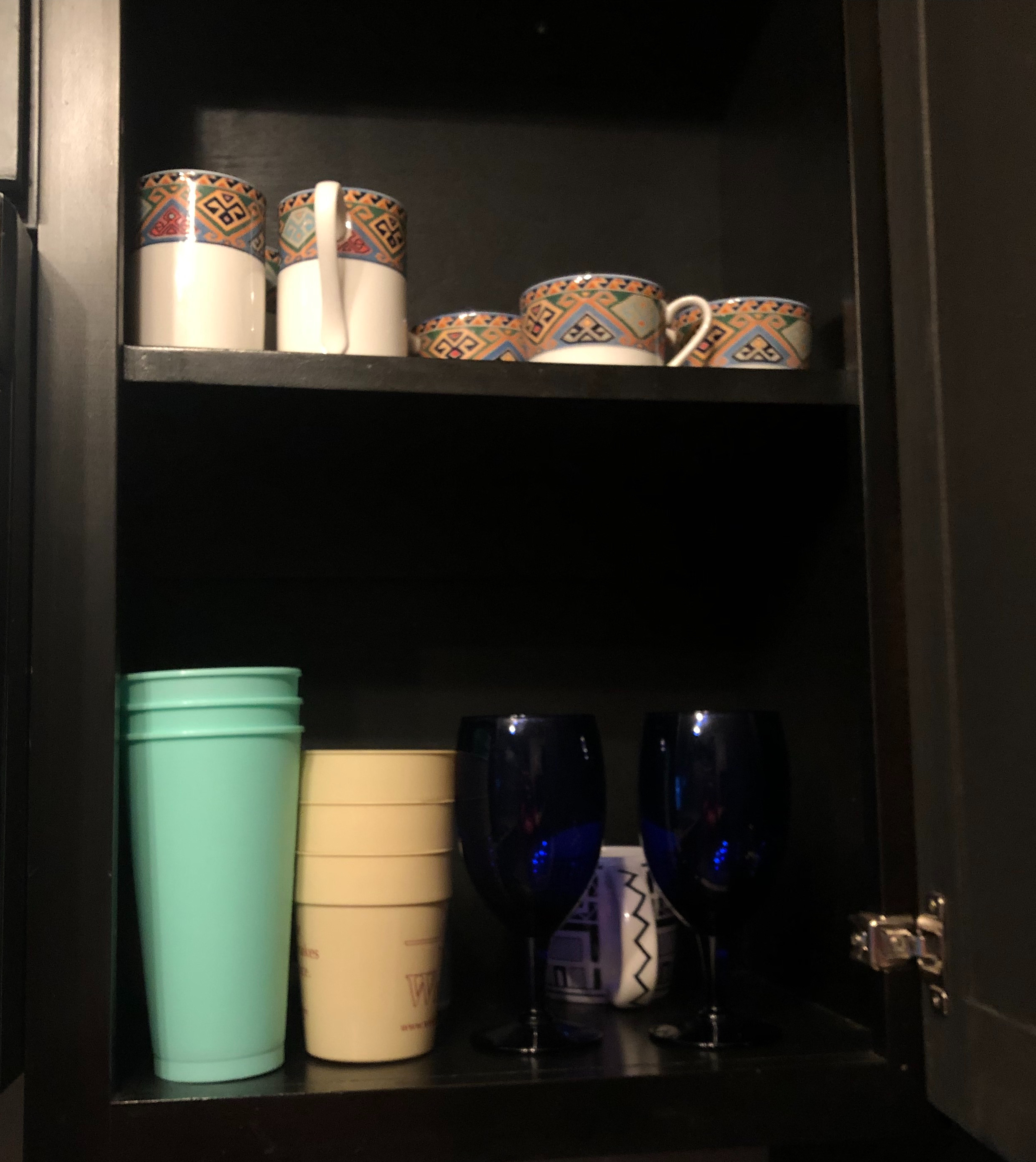 This is a picture of my kitchen cabinet after I spent time organizing it so that way my roommates and I could have easier access to certain cups we might want to use. This is especially good to do on Sunday, so that during the week we don’t have to bother.