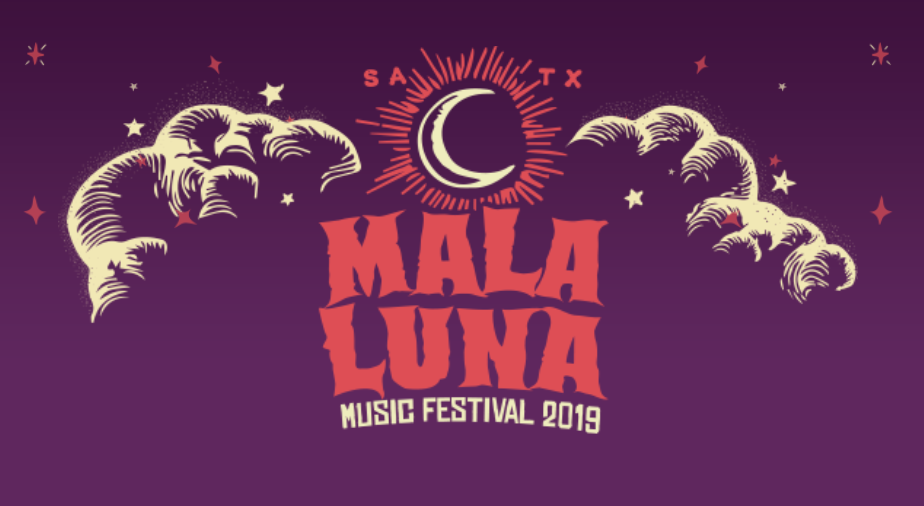 Purple, red and white graphic with a crescent moon above the words ‘Mala Luna’