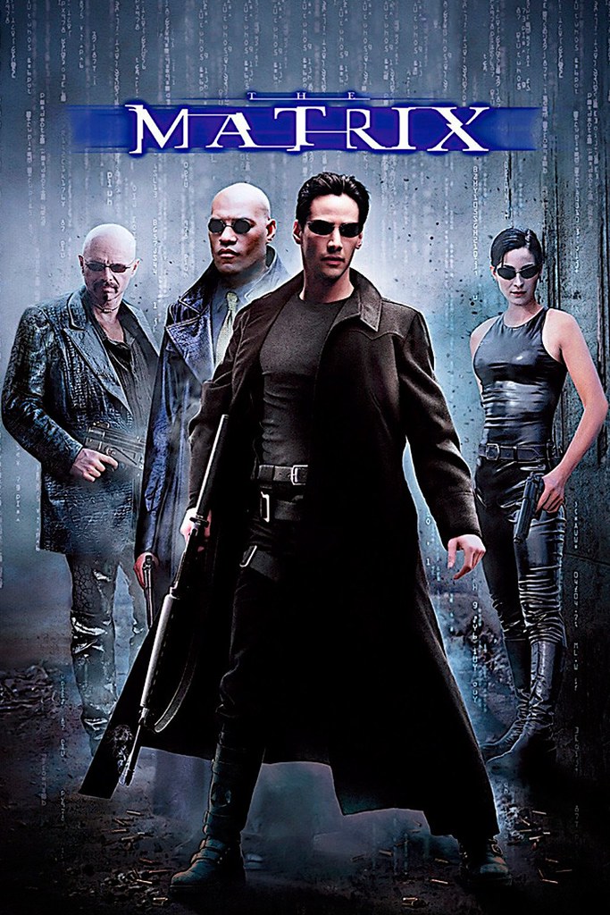 Keanu Reeves, Carrie-Ann Moss, Laurence Fishburne and Joe Pantoliano characters in The Matrix pose on the official movie poster for the movie.