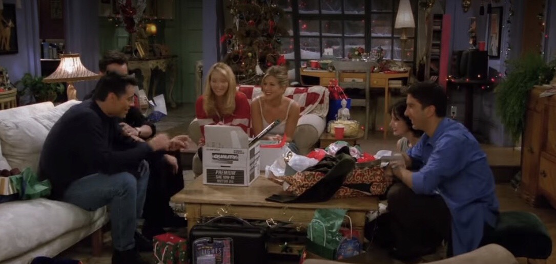 A screenshot from the tv show Friends during Christmas.