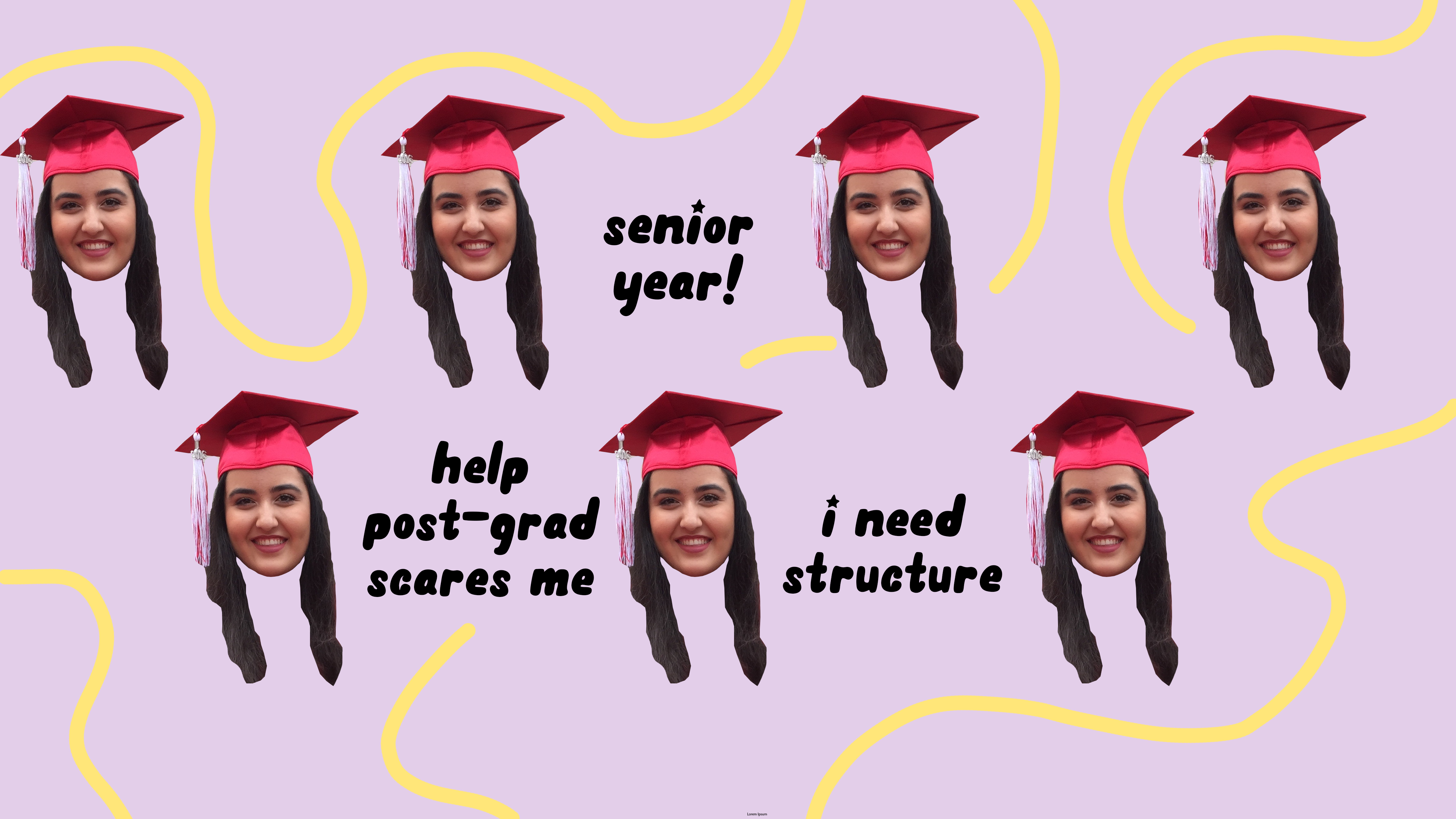 An edit of my face in a graduation cap with small captions and squiggles surrounding them.