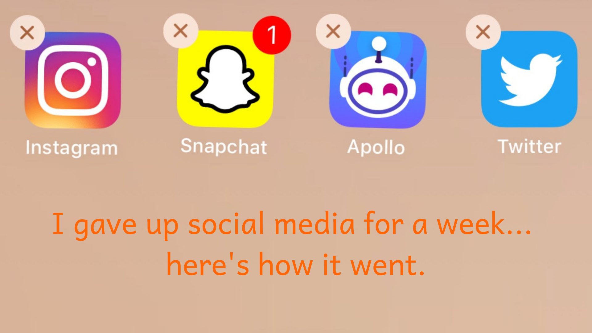A screenshot of four social media apps with the “x” in the corner of the apps ready to be deleted. The apps from left to right are Instagram, Snapchat, Reddit Apollo, and Twitter. Under the image is the text, “I deleted social media for a week… Here’s how it went.”