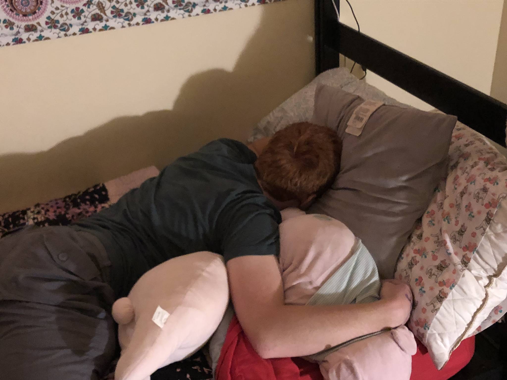 Chase Cantor lays in bed snuggling a pink stuffed pig wearing a dark blue shirt and grey shorts.