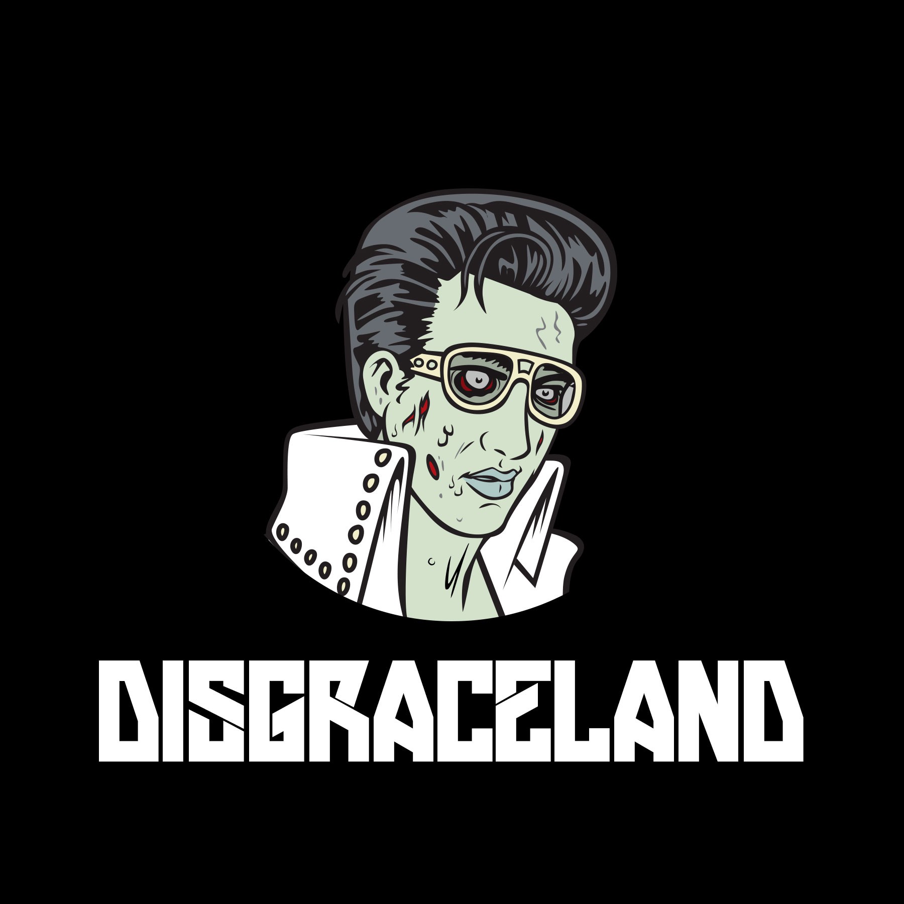 The image depicts Elvis Presley as a green zombie, wearing a beaded white jacket and gold glasses. The name Disgraceland is placed below Elvis in capitalized text.
