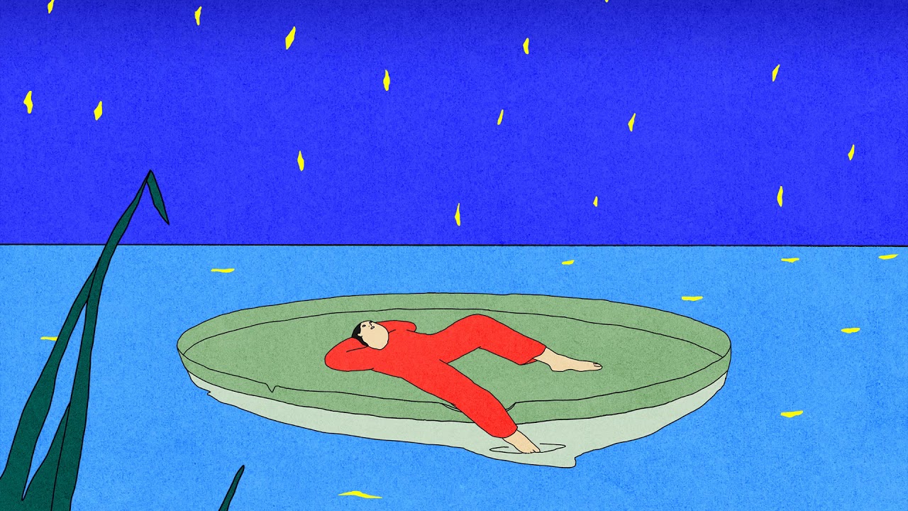 A drawing of a person in a red jumper laying on an oversized green lilypad dips their toe in the light blue water that reflects the view of the dark blue sky & stars, while green ferns subtly creep up the left side of the image.