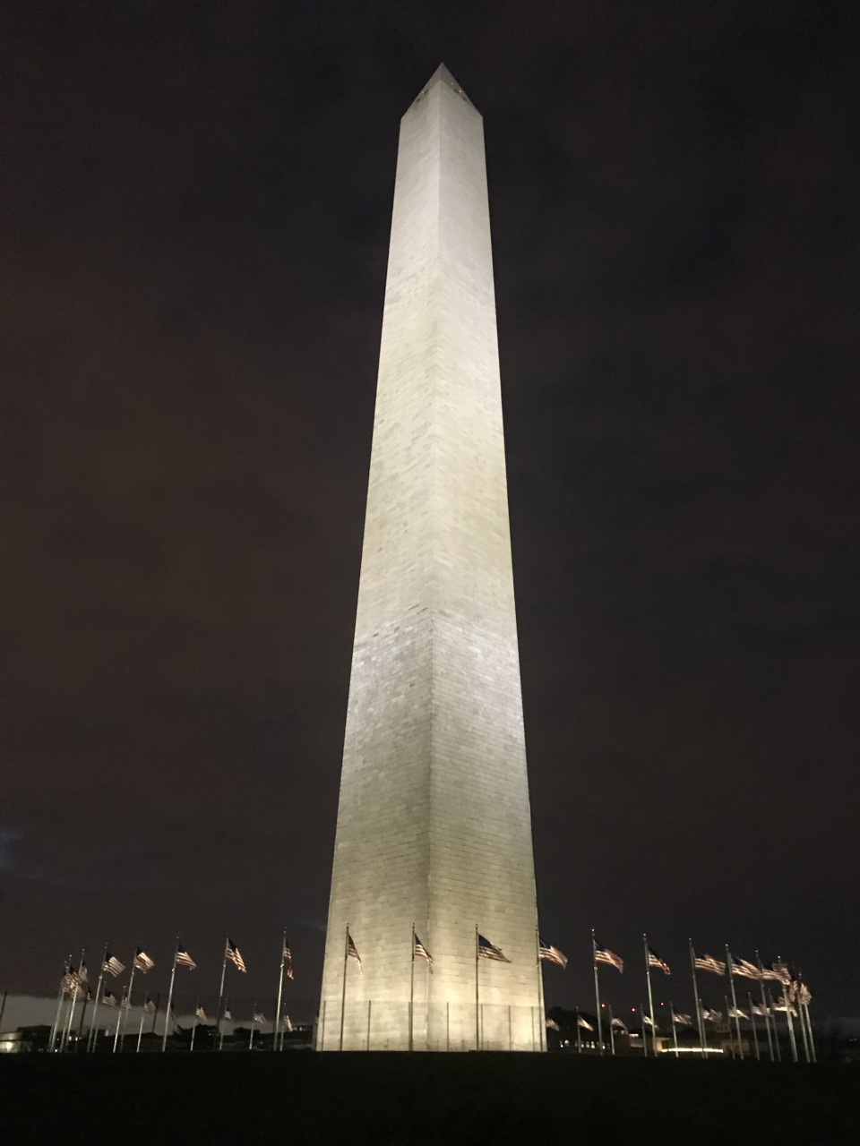 The Washington Monument up close, surrounded by multiple small American flags.