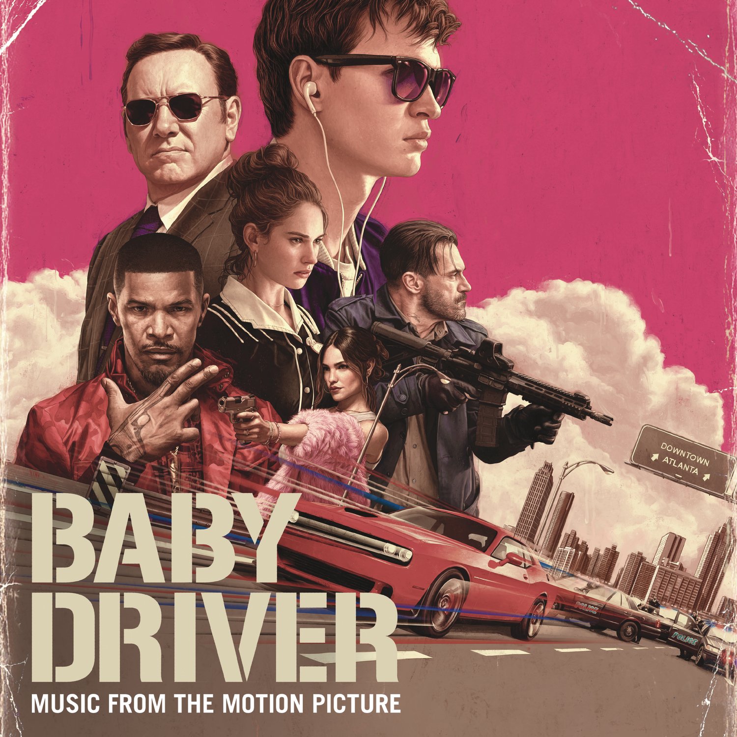 Album artwork for the film Baby Driver’s soundtrack featuring actors Ansel Elgort, Lily James, Jon Hamm, Eiza Gonzalez, Jamie Foxx, and Kevin Spacey.