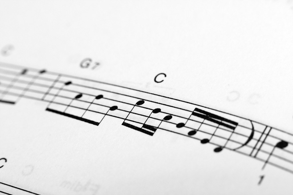 Black musical notes across a white page