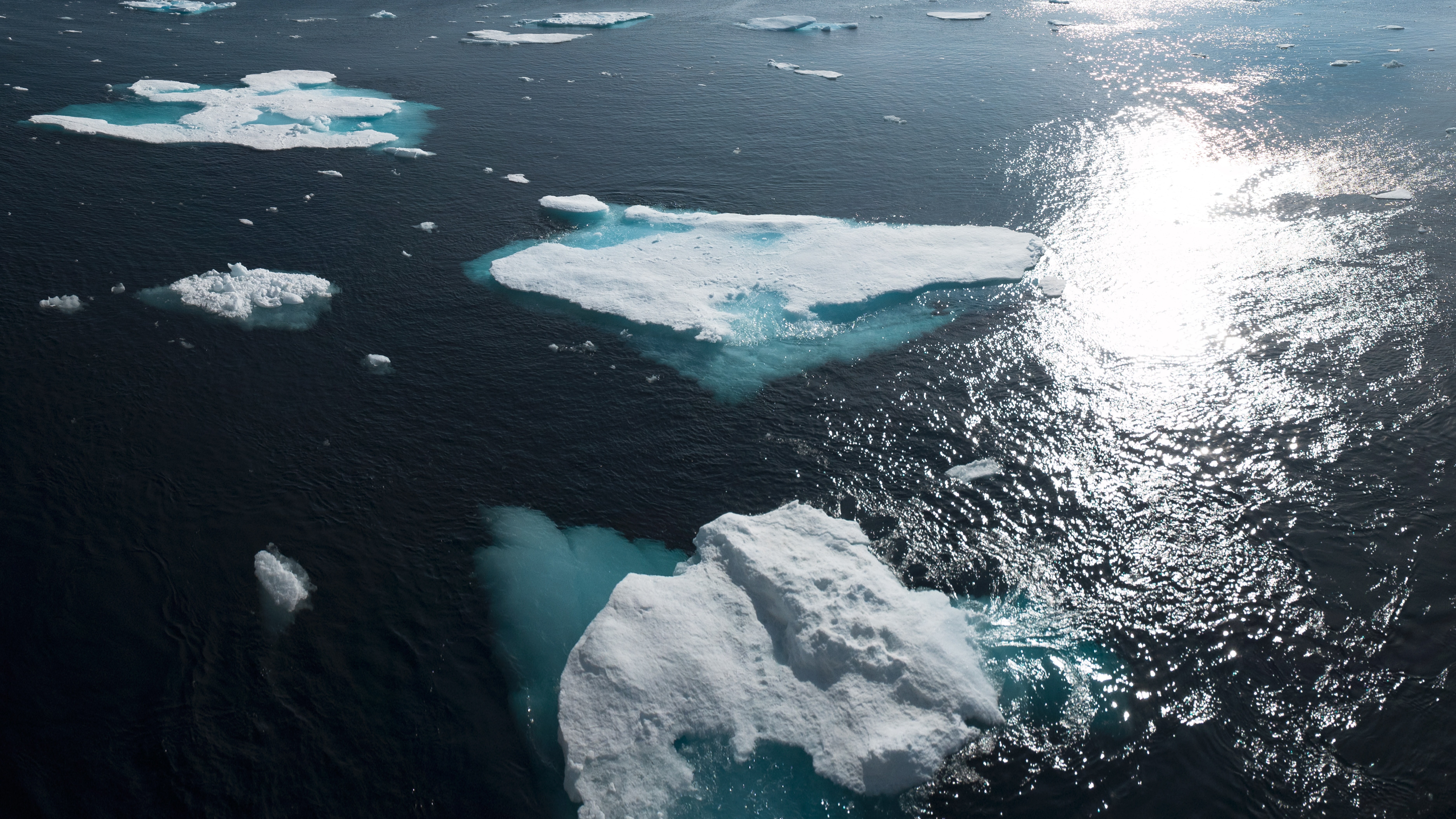 An aerial view of Greenland’s ocean with icebergs and sunlight on the water