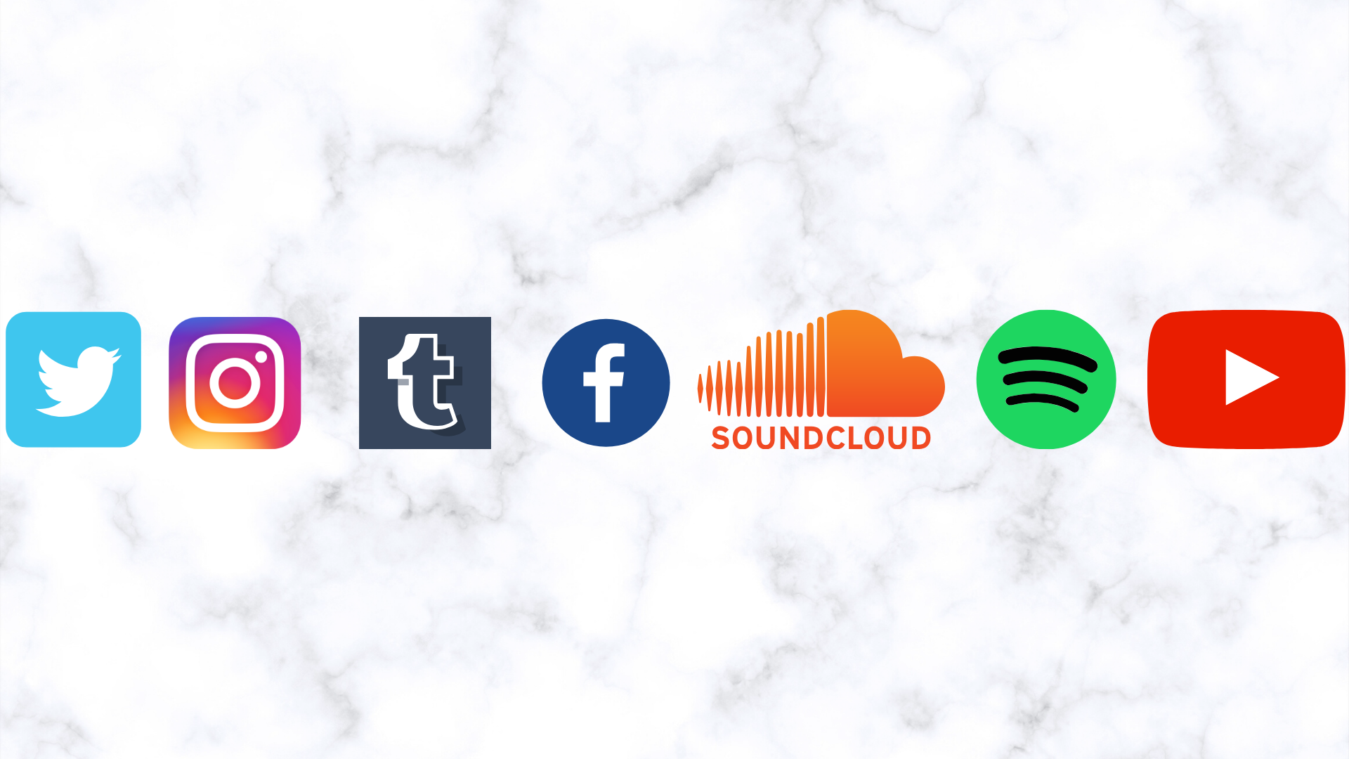 Social media app logos in the order, twitter (small blue box with a bird drawn with a white outline, instagram( small camera with purple and pink gradient colors) Tumblr, (small navy blue box with a lowercase t outlined in white), soundcloud( an orange cloud that fades into soundwaves), Spotify (a green circle) and youtube.